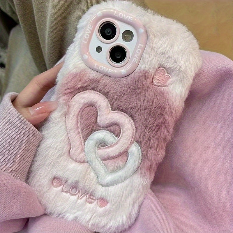 Smudged Double Buckle Love Gradient Color Mobile Phone Case, Suitable for Apple 16/15 Pro Max/15 Pro/15/15Plus/14 Pro Max/14 Pro/14Plus/14/13 Pro Max/13 Pro/13 /12 Pro Max/12 Pro/12/11Pro Max/11 Couple Plush Embroidery Mobile